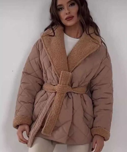 Winter Lapel Plaid Coat Fashion All-match Waist-tied Design Coat