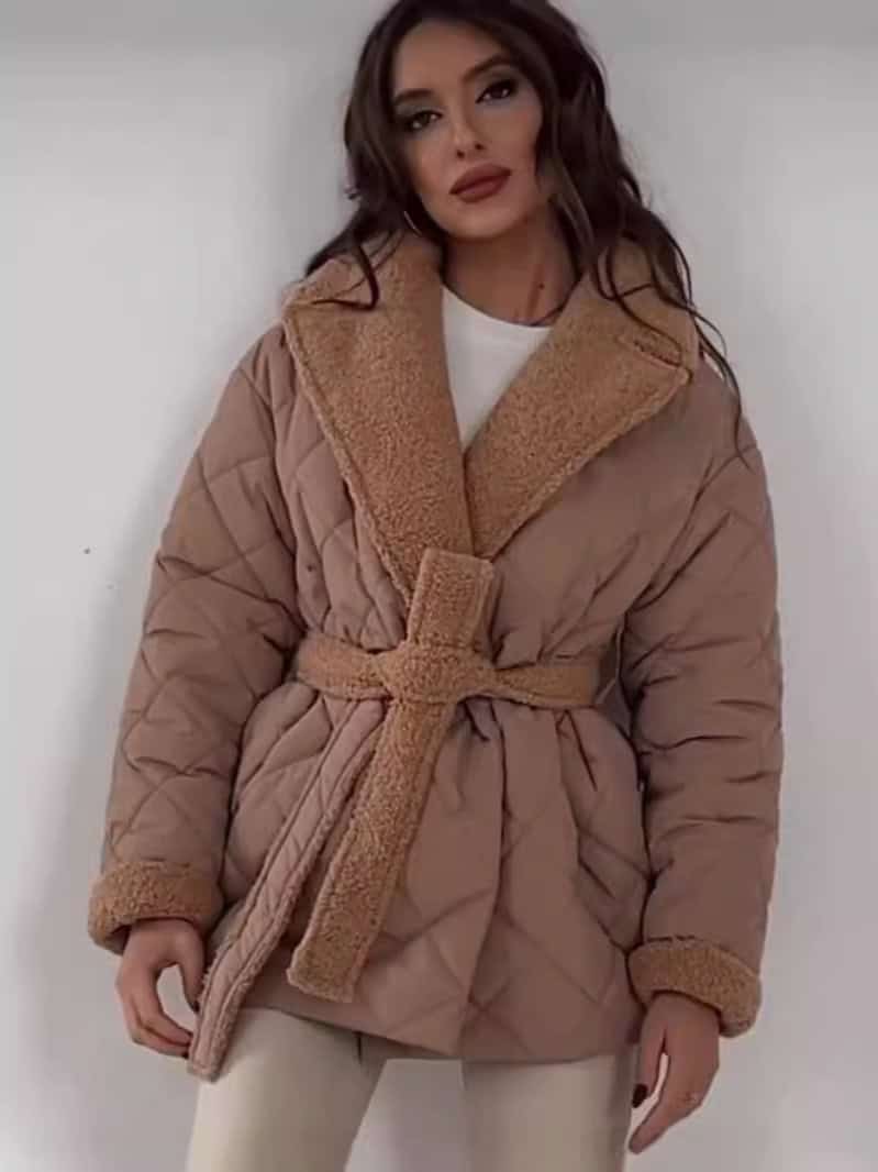 Winter Lapel Plaid Coat Fashion All-match Waist-tied Design Coat