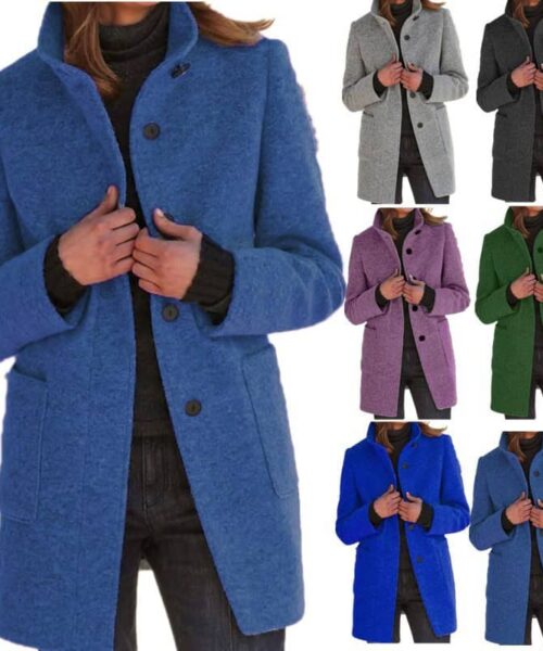 Fashion Stand Collar Woolen Coat With Pockets